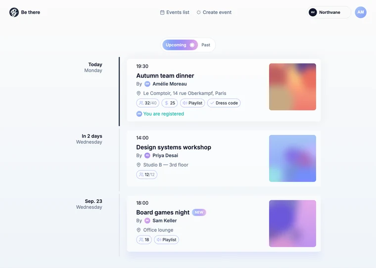 Be There dashboard showing upcoming office events grouped by day, each with time, organiser, location, and badges for capacity, price, playlist and dress code