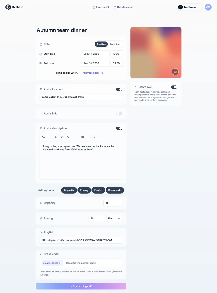 Be There create-event form showing cover image, title, start and end times, location, description, and options for capacity, price, playlist, dress code, photo wall and recurrence