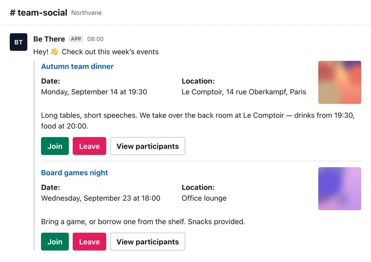 Slack weekly digest listing the week’s upcoming events, each with Join, Leave and View participants buttons