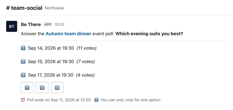 Slack poll in #team-social asking which evening suits the team for a dinner, with live vote counts on each date